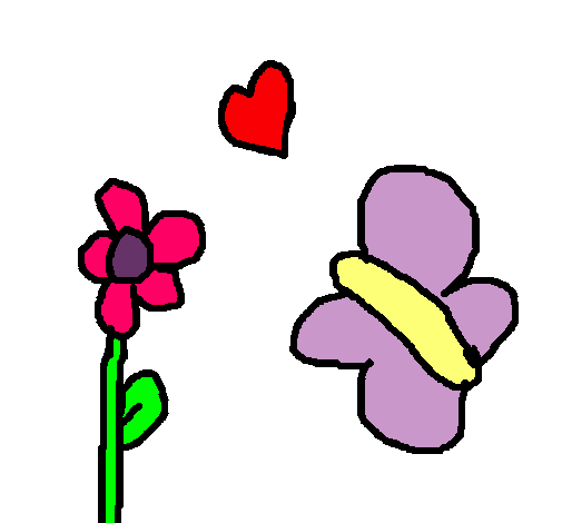 Dibujo Mariposa, flor y corazón pintado por daan