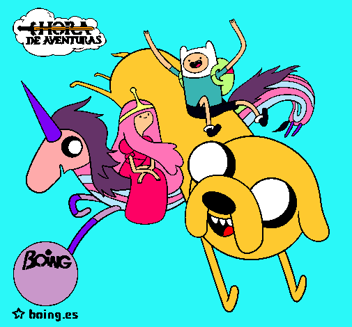Dibujo Jake, Finn, la princesa Chicle y Lady Arco Iris pintado por chupi