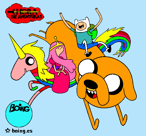 Dibujo Jake, Finn, la princesa Chicle y Lady Arco Iris pintado por marinafdez