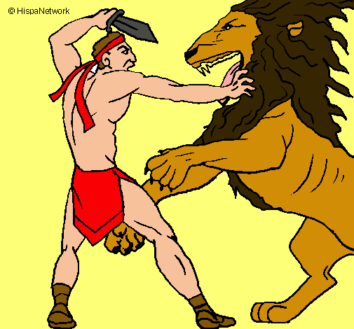 Dibujo Gladiador contra león pintado por hpna