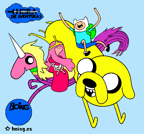 Dibujo Jake, Finn, la princesa Chicle y Lady Arco Iris pintado por skiper9