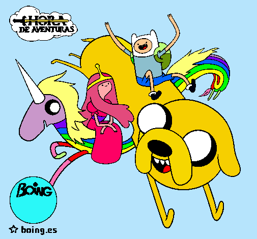 Dibujo Jake, Finn, la princesa Chicle y Lady Arco Iris pintado por Pipe_Flow