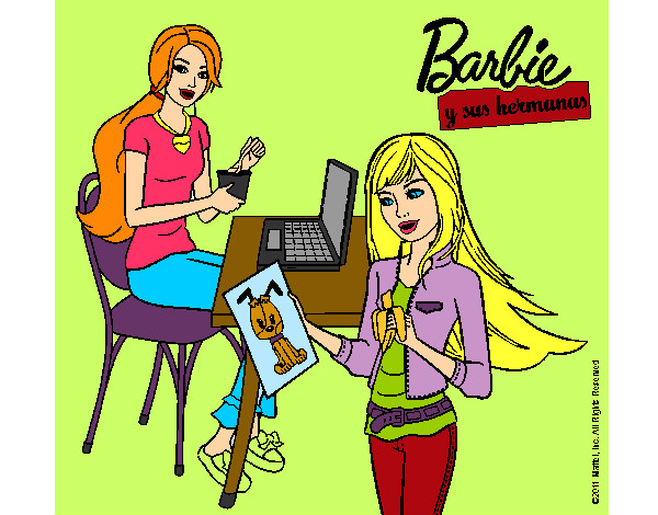 Dibujo Barbie y su hermana merendando pintado por hpna