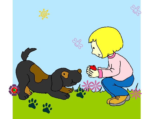 Dibujo Niña y perro jugando pintado por monseloria