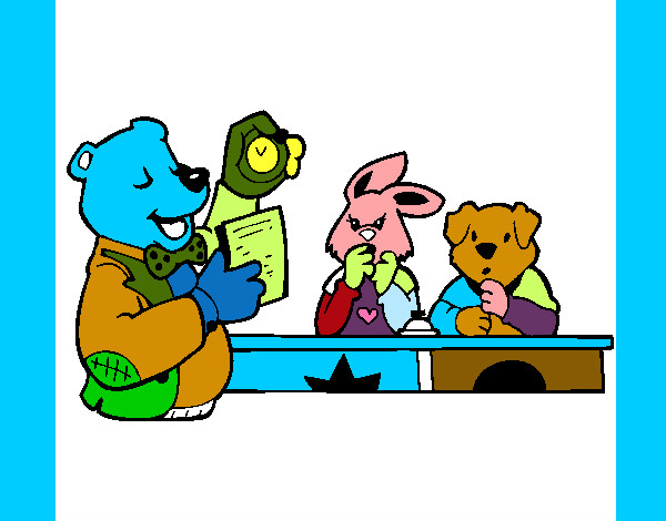 Dibujo Profesor oso y sus alumnos pintado por antol