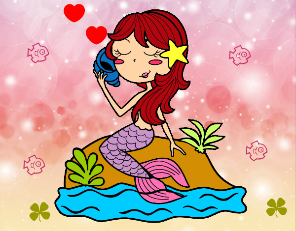 Dibujo Sirena sentada en una roca con una caracola pintado por DIANAB