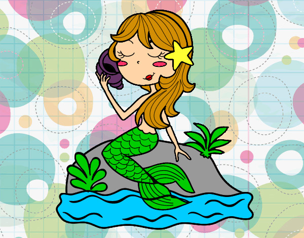 Dibujo Sirena sentada en una roca con una caracola pintado por fernanda9