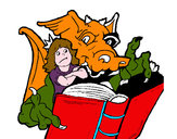 Dibujo Dragón, chica y libro pintado por helianita