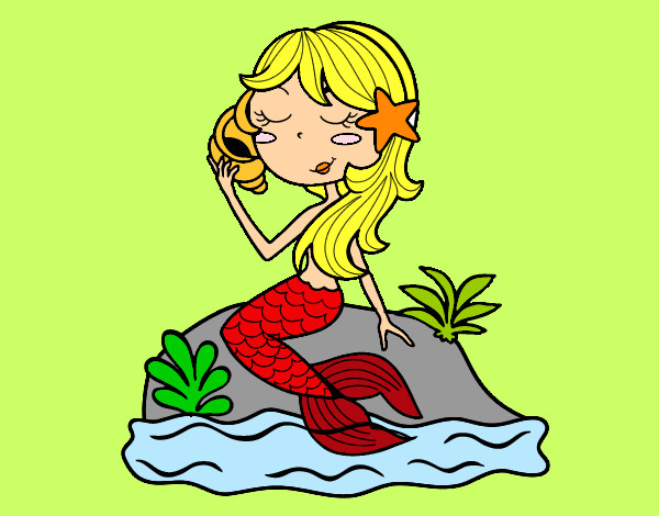 Dibujo Sirena sentada en una roca con una caracola pintado por Renula