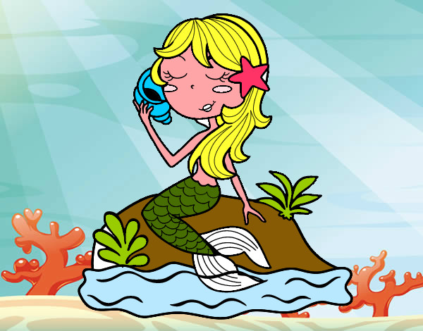 Dibujo Sirena sentada en una roca con una caracola pintado por melisa9
