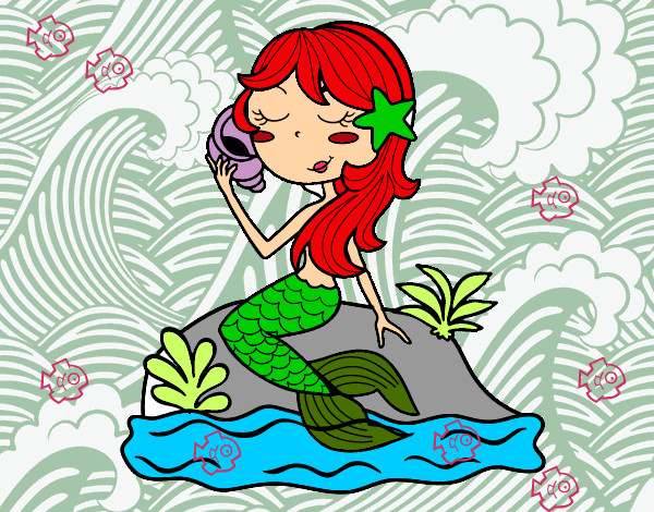 Dibujo Sirena sentada en una roca con una caracola pintado por salma1