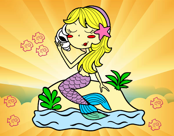 Dibujo Sirena sentada en una roca con una caracola pintado por martistar