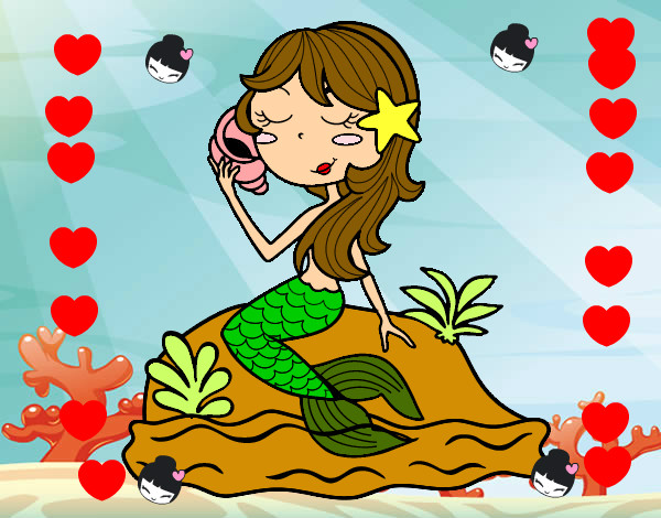 Dibujo Sirena sentada en una roca con una caracola pintado por yessii