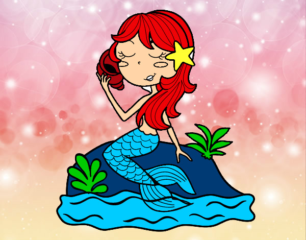 Dibujo Sirena sentada en una roca con una caracola pintado por irupeta