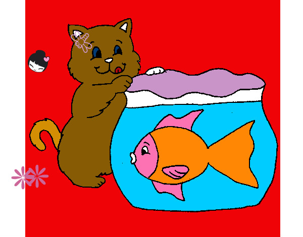 Dibujo Gato y pez pintado por juani13
