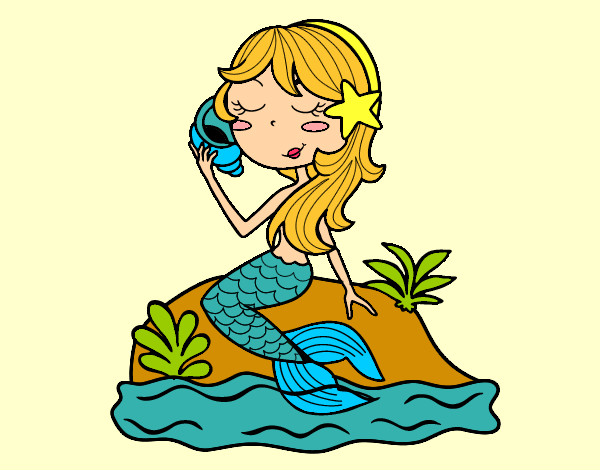 Dibujo Sirena sentada en una roca con una caracola pintado por ynes