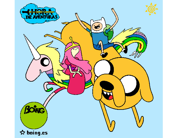 Dibujo Jake, Finn, la princesa Chicle y Lady Arco Iris pintado por javibravo