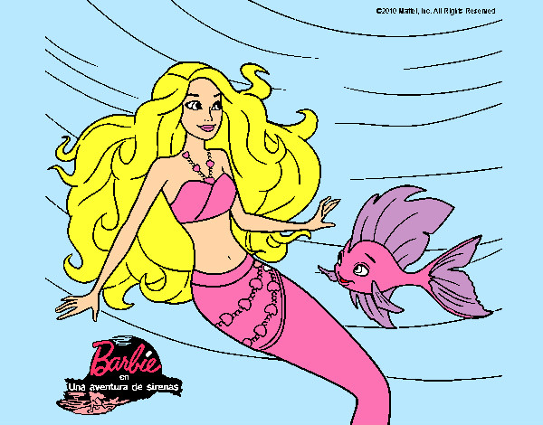 Dibujo Barbie sirena con su amiga pez pintado por rosa303060