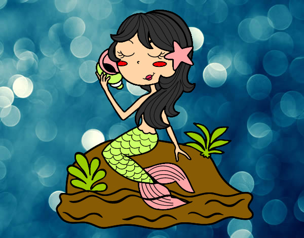 Dibujo Sirena sentada en una roca con una caracola pintado por claravaz20