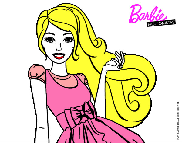 Dibujo Barbie con su vestido con lazo pintado por tinta