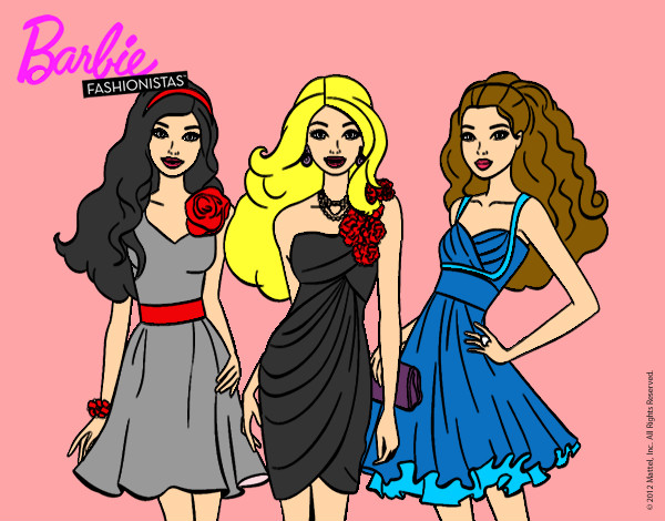 Dibujo Barbie y sus amigas vestidas de fiesta pintado por Miicaela 