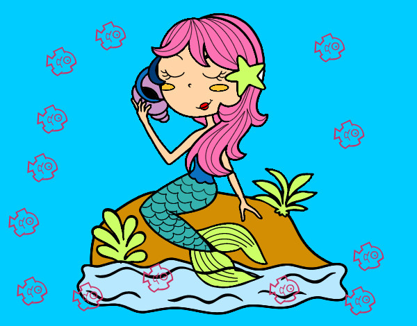 Dibujo Sirena sentada en una roca con una caracola pintado por Ariplay