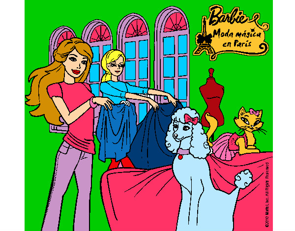 Dibujo Barbie y su amiga mirando ropa pintado por mansana