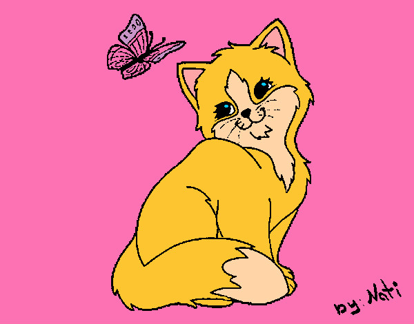 Dibujo Gatito y mariposa pintado por parda