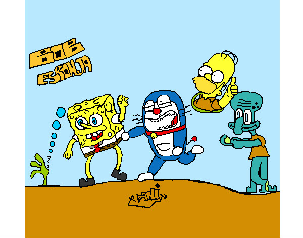 Bob  esponja, Doraemon  ,  calamardo   y   hommer   sipson