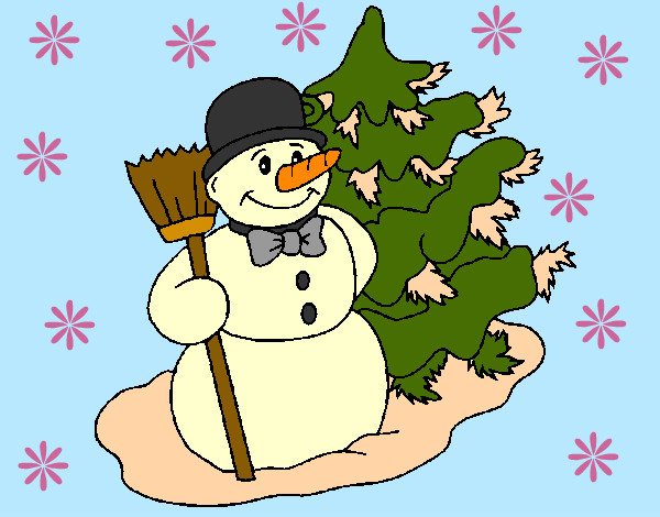 Dibujo Muñeco de nieve y árbol navideño pintado por hpna