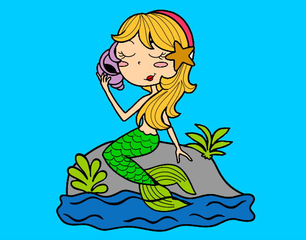 Dibujo Sirena sentada en una roca con una caracola pintado por Ginie