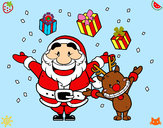 Dibujo Santa y reno con regalos pintado por MariaJMC