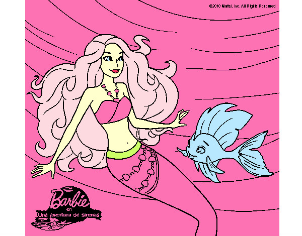 Dibujo Barbie sirena con su amiga pez pintado por GUABY