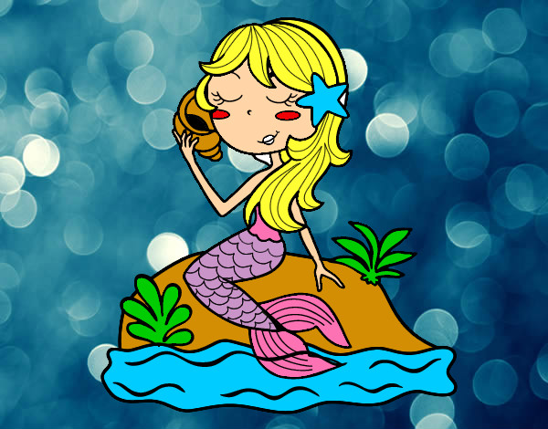 Sirena sentada en una roca con una caracola