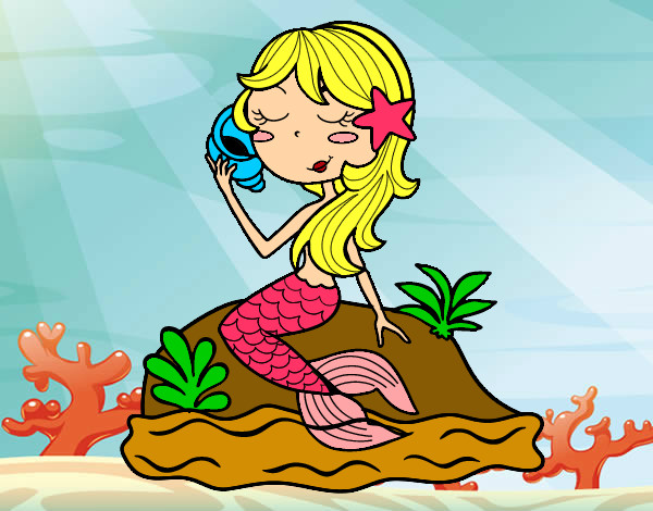 Dibujo Sirena sentada en una roca con una caracola pintado por camiluna 