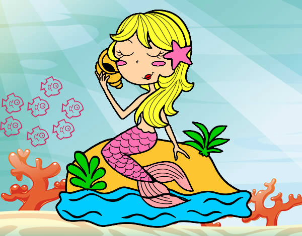 Dibujo Sirena sentada en una roca con una caracola pintado por chantalita