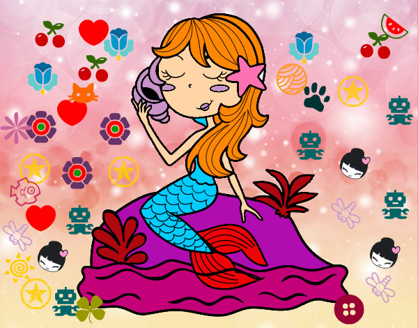 Dibujo Sirena sentada en una roca con una caracola pintado por jesuspaola