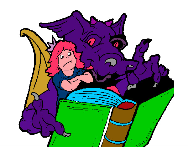 Dibujo Dragón, chica y libro pintado por kasiangel