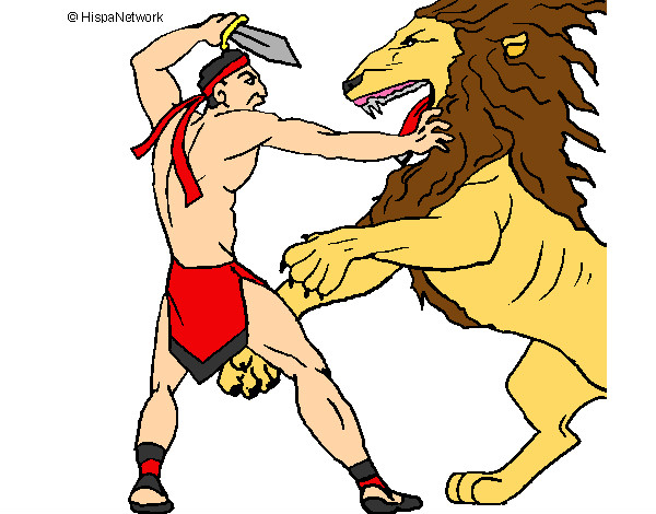 Dibujo Gladiador contra león pintado por kyrito