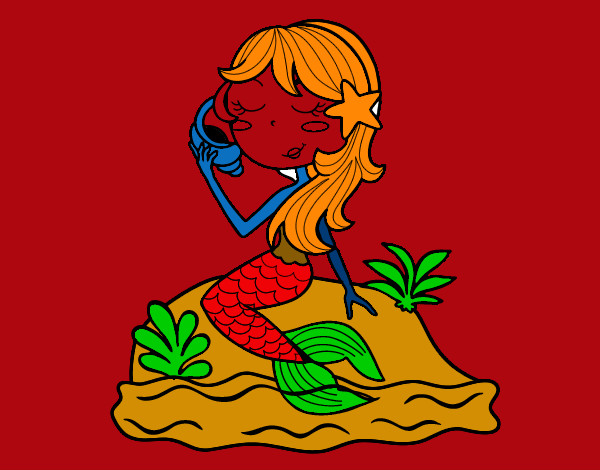 Dibujo Sirena sentada en una roca con una caracola pintado por LILAROEDOR