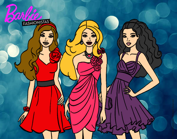 Dibujo Barbie y sus amigas vestidas de fiesta pintado por Sofia08