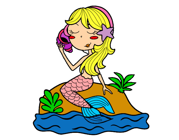 Dibujo Sirena sentada en una roca con una caracola pintado por marialulu
