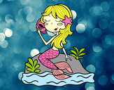 Dibujo Sirena sentada en una roca con una caracola pintado por mi14ca2000