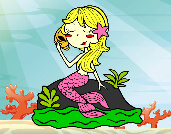 Dibujo Sirena sentada en una roca con una caracola pintado por amina555