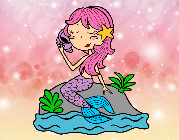 Dibujo Sirena sentada en una roca con una caracola pintado por Saalvador