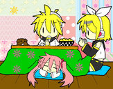Dibujo Miku, Rin y Len desayunando pintado por Megurine 