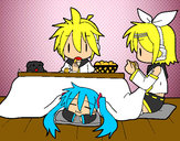 Dibujo Miku, Rin y Len desayunando pintado por hunysoo
