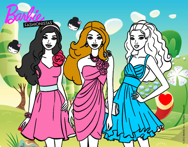 Dibujo Barbie y sus amigas vestidas de fiesta pintado por caritasol