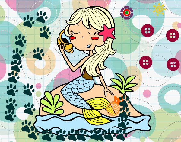 Dibujo Sirena sentada en una roca con una caracola pintado por solesit