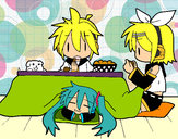 Dibujo Miku, Rin y Len desayunando pintado por MarcoFenix
